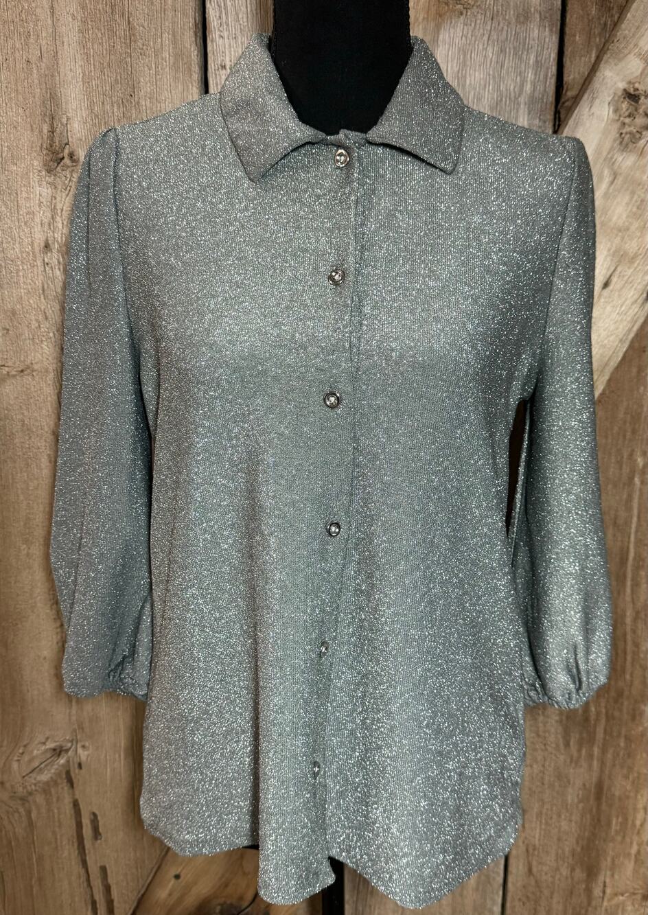 Alex & Parker Women's Size S Gray Silver Moon Mist Button Up Blouse Top Shine